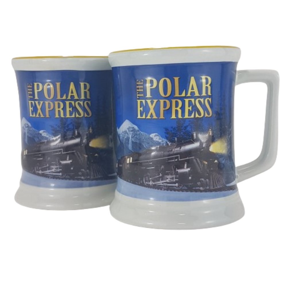 Set of 2 Vintage Polar Express Believe Mugs Teacups Warner Bros White Blue